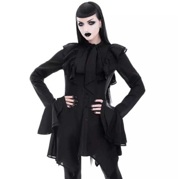 Killstar Tops - Killstar We Are The Weirdos Long Sleeve Ruffled Runa Tunic Blouse Button Up Top